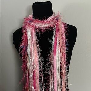 Elegant Pink and White Fringed Scarf
